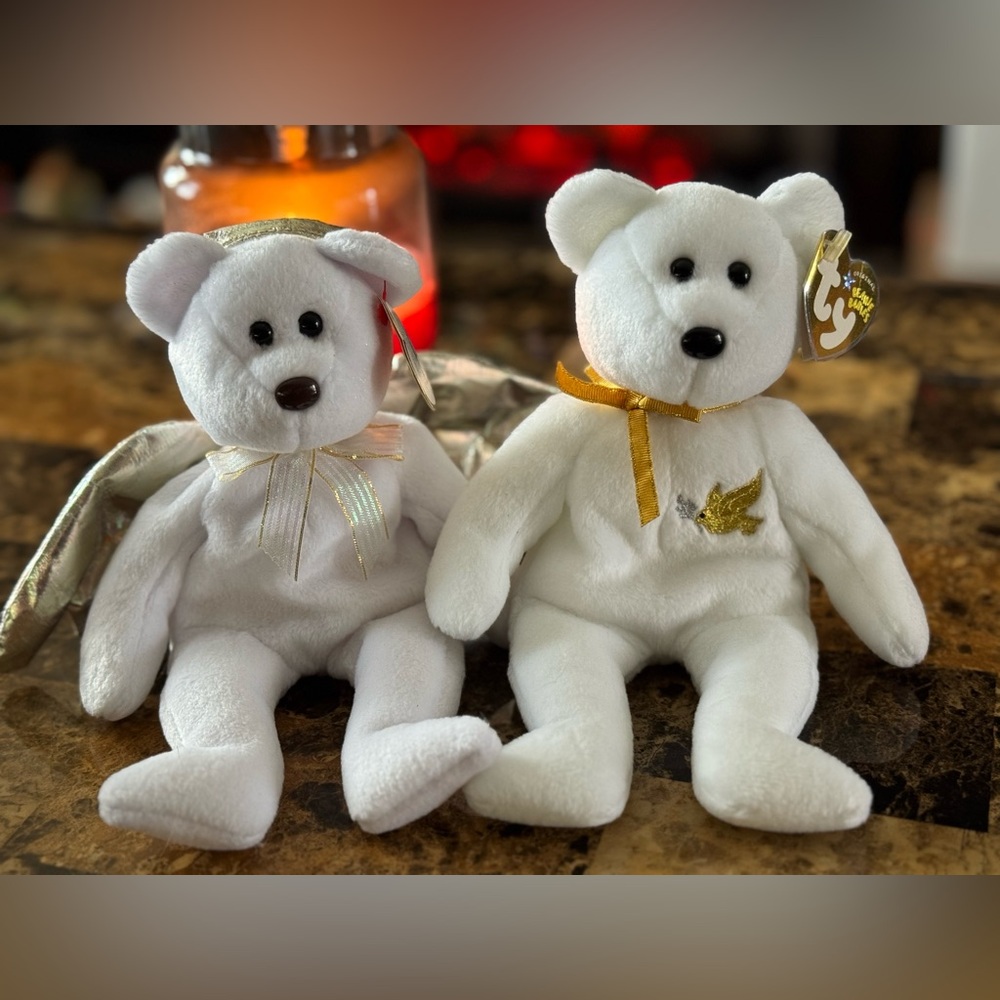 🪽🙏 Halo II & Holy Father – Two TY Beanie Baby Bears – Angel & Dove Embroidery